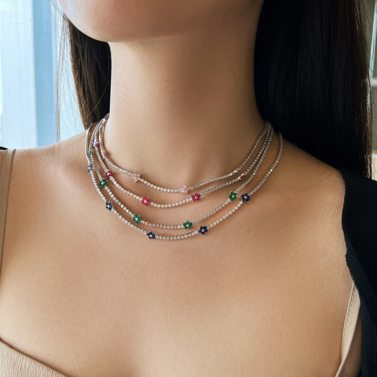 [AuraEcho]Luxurious Colorful Flower Tennis Necklace