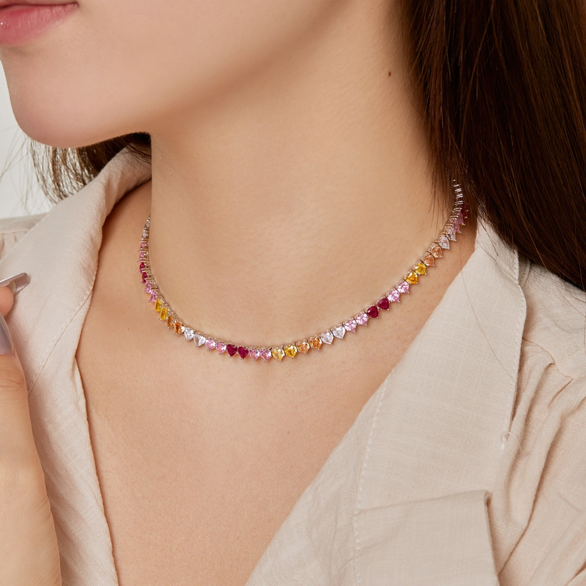[AuraEcho]Sparkling Colorful Full Heart Tennis Necklace