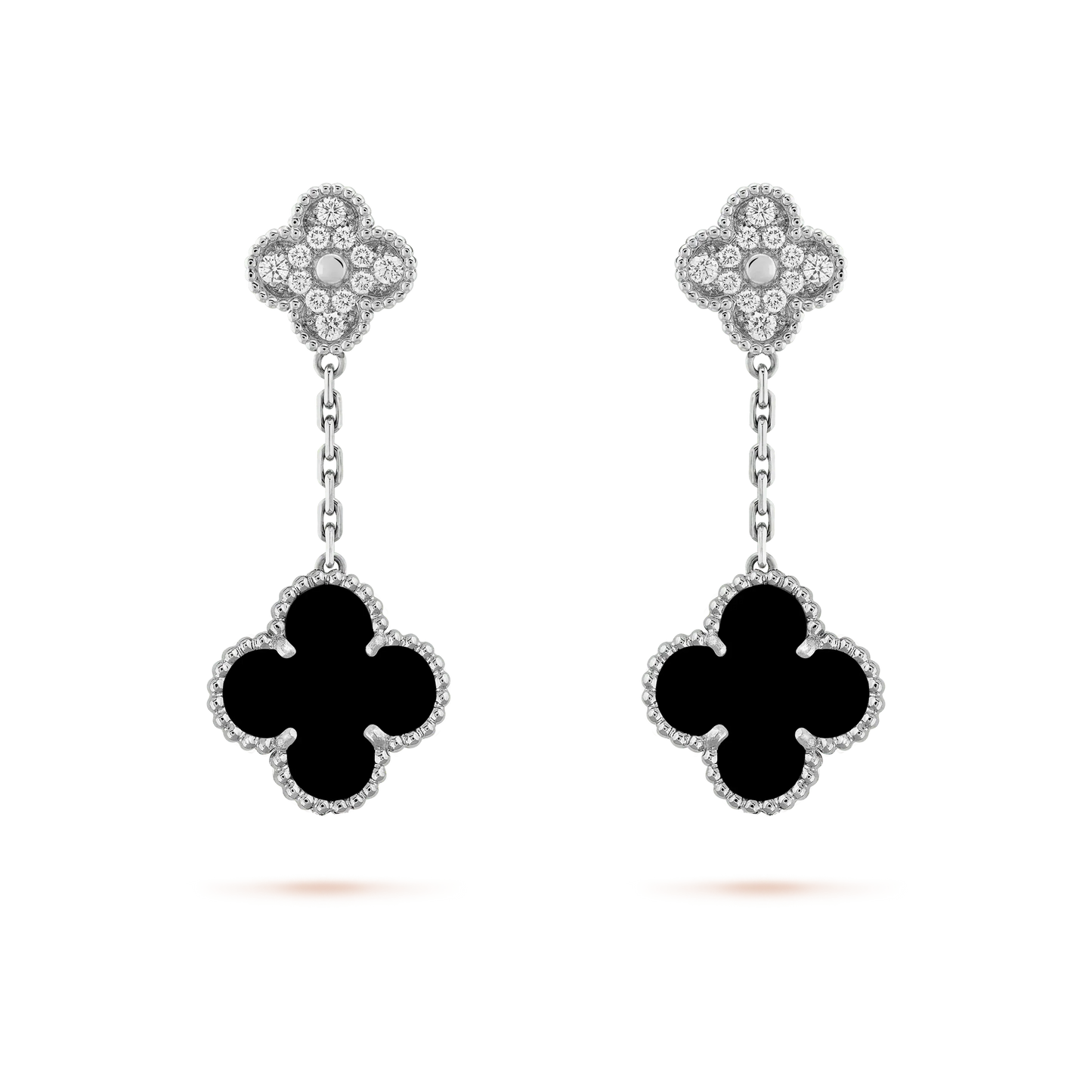 [AuraEcho]CLOVER 2 MOTIFS  DIAMOND ONYX EARRINGS SILVER