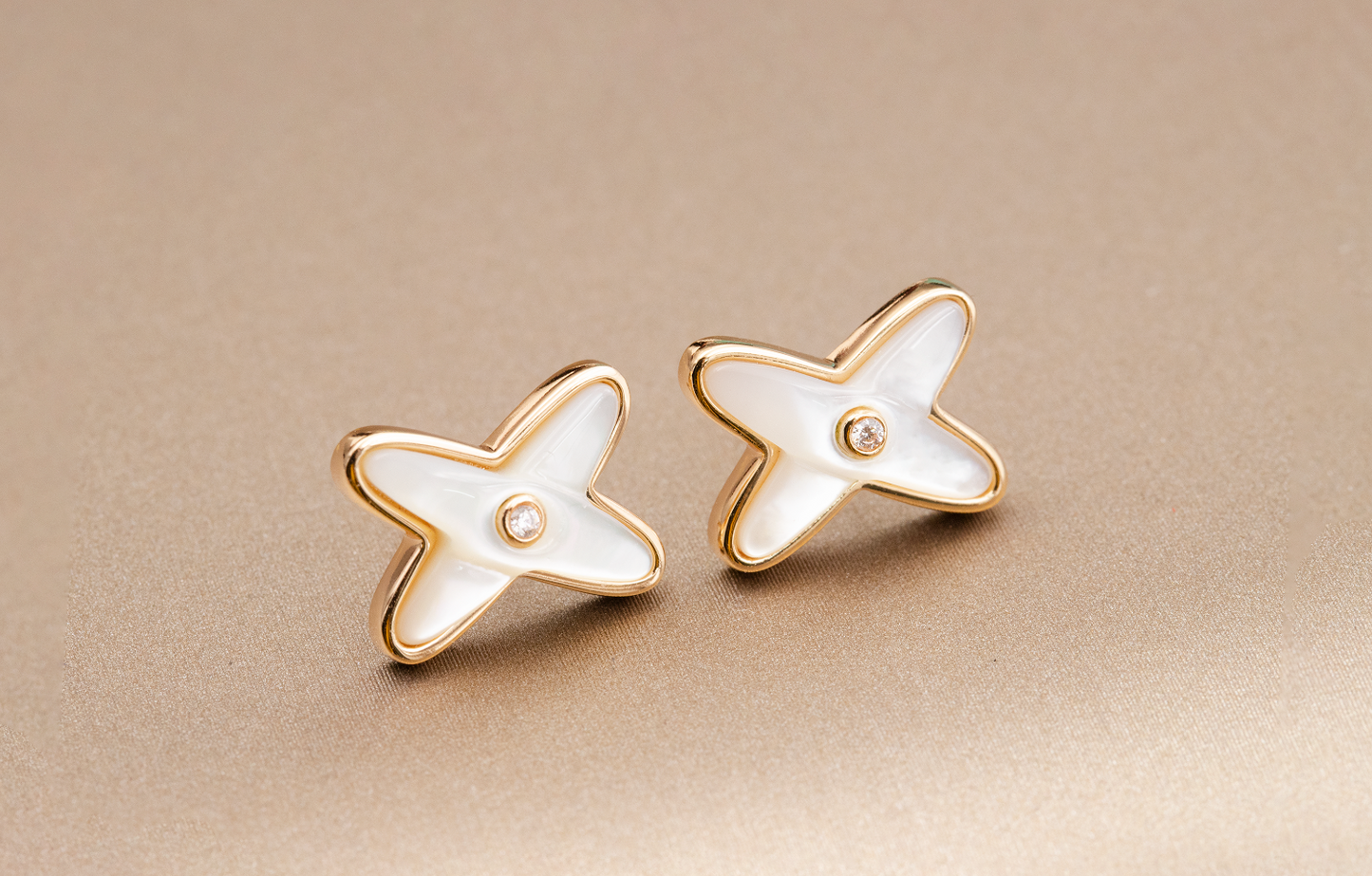 [AuraEcho]JEUX DE WHITE MOP PINK GOLD DIAMOND EARRINGS