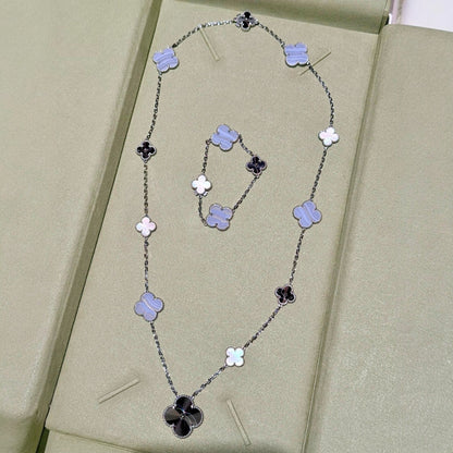 [Auraecho]DETACHABLE CLOVER 15(11+4) FLOWER SILVER NECKLACE SET